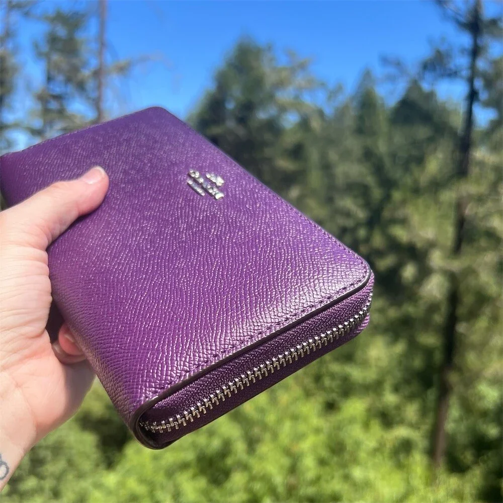 COACH Long Zip-Around PURPLE Crossgrain Leather Wallet Silver Hardware AUTHENTIC